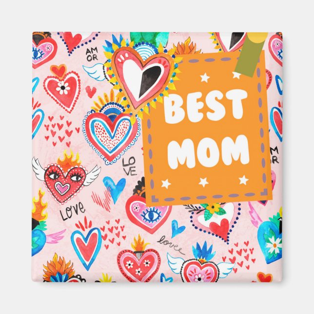 Aimant Meilleure maman Coeurs colorés mexicains Fête des  (Devant)