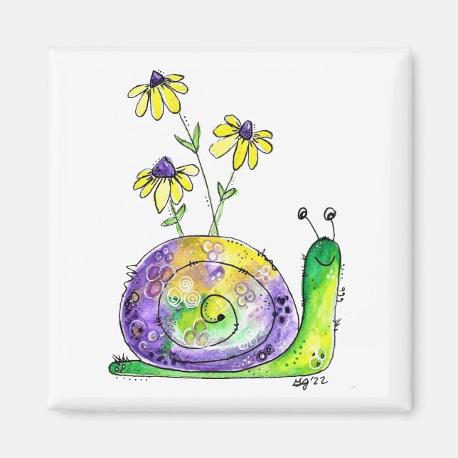 Aimant Mélange Whimsical Happy Snail avec Fleurs Jaunes (Devant)