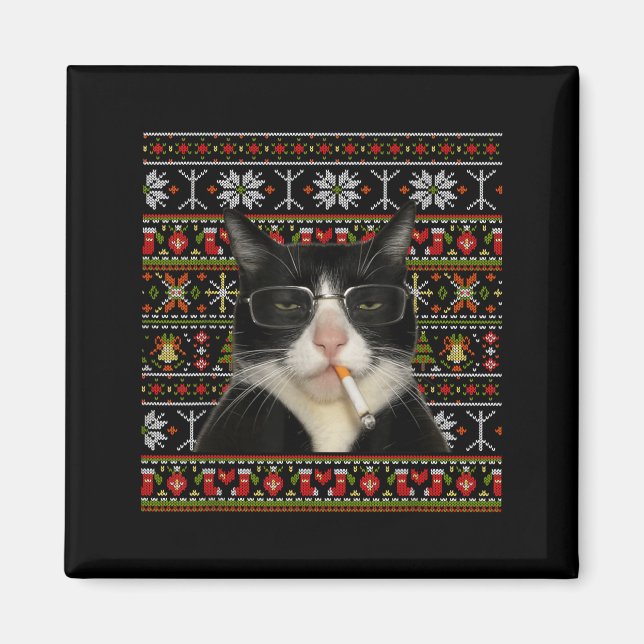 Aimant Mème de chat qui fume drôle T-shirt de Noël chat m (Devant)