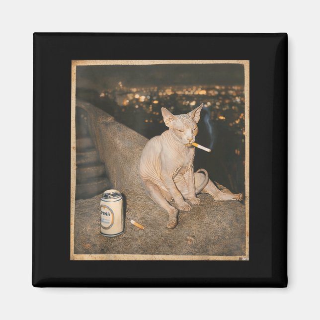 Aimant Mème de chat Sphynx qui fume Art graphique drôle (Devant)