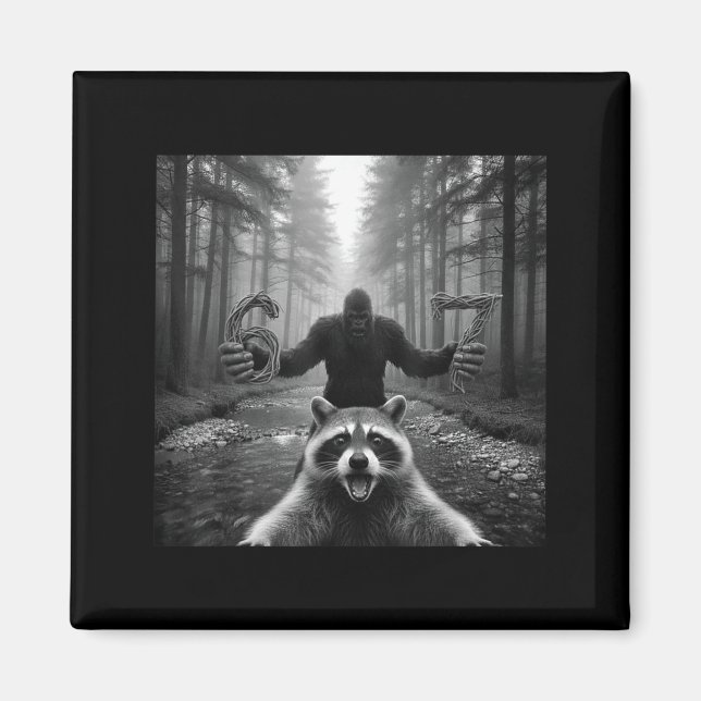 Aimant Mème de selfie de raton laveur drôle avec Bigfoot  (Devant)