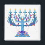 Aimant menorah à fleurs hanoukka<br><div class="desc">"menorah fleurie hanoukka",  "fleurs menorah",  "hanoukka pourpre",  "hanoukka rose",  "hanoukka menorah",  "hanoukka heureuse",  channuka,  channukah,  hannukah,  Hanoukka</div>