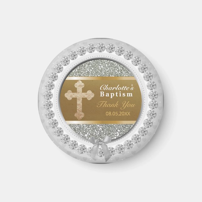 Aimant Merci Baptême bébé Keepsaké Gold Cross Argent (Devant)