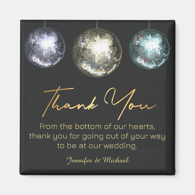 Aimant merci boules de disco noires mariage doré  (Devant)