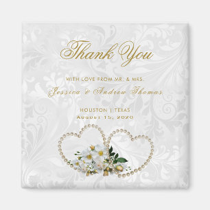 Aimant Merci de mariage damassé de coeurs et de fleurs d