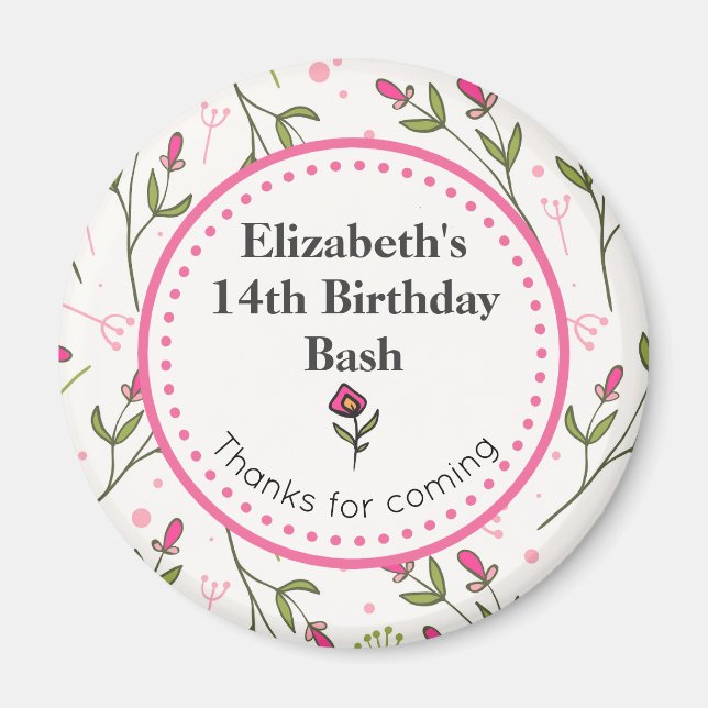 Aimant Merci Fleur sauvage rose et vert (Devant)