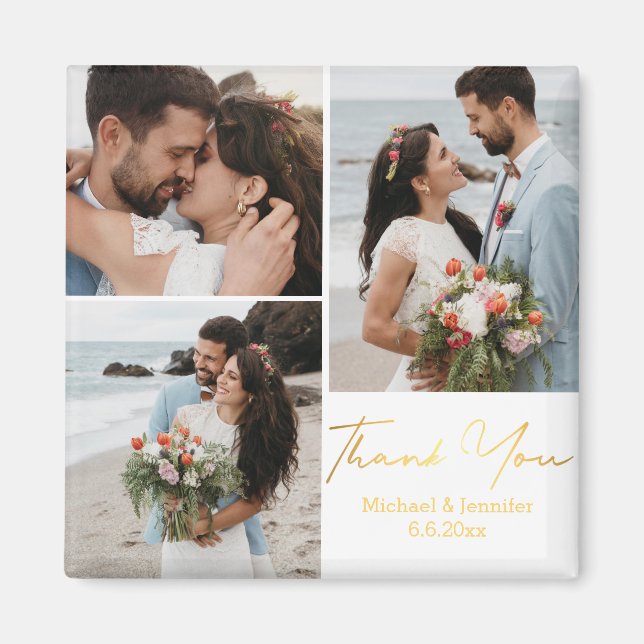 Aimant merci, or calligraphie mariage 3 photos (Devant)