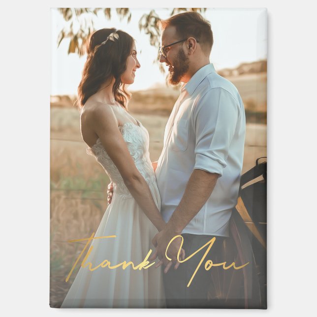 Aimant merci, photo de mariage à l'écriture dorée  (Recto)