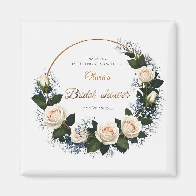 Aimant Merci Roses Blanches & Baby's Breath Bleu  (Devant)