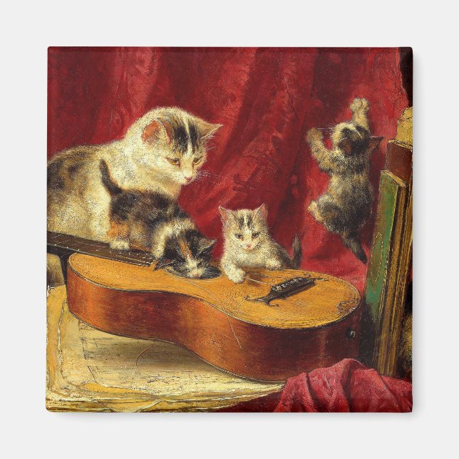 Aimant Mère Chat et chatons Jouer avec la guitare (Devant)