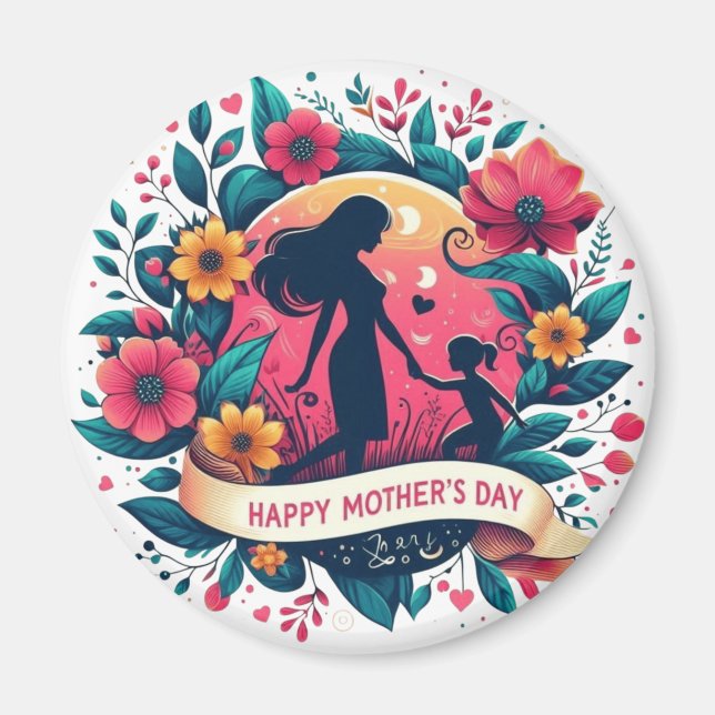 Aimant Mère et fille silhouette florale fête des mères (Devant)