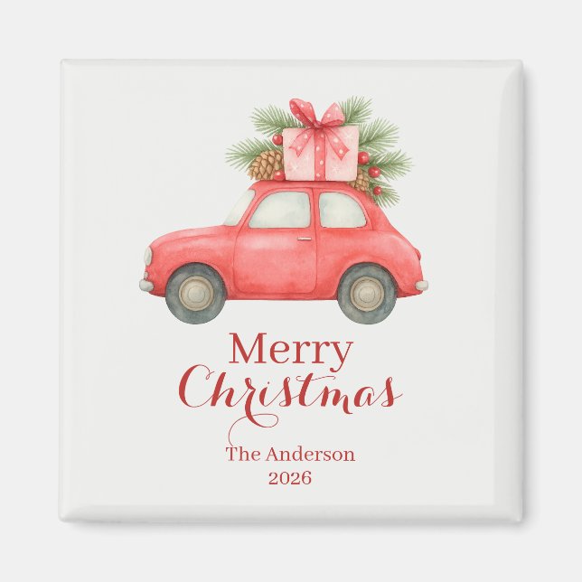 Aimant Merry Christmas Red Car – Personalized Holiday  (Devant)