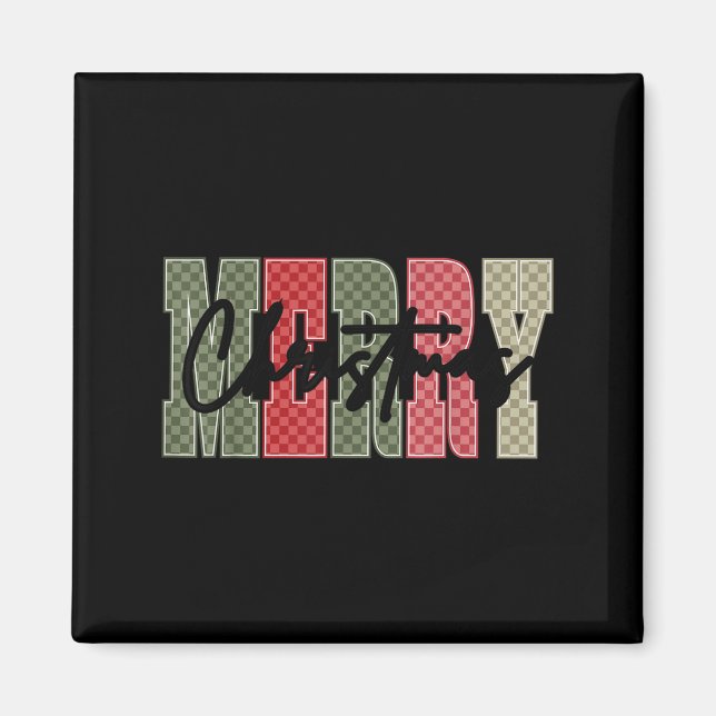 Aimant Merry Christmas Red Green Plaid Checkered Xmas Gir (Devant)