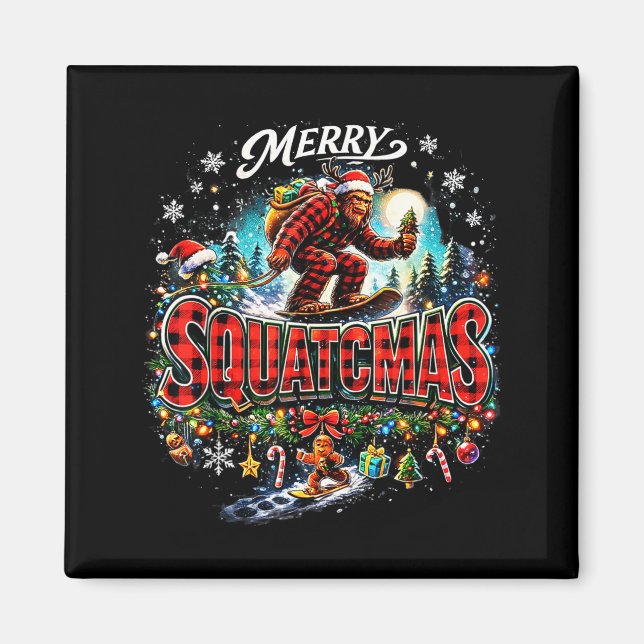 Aimant Merry Christmas Squatchmas Funny Bigfoot Snowboard (Devant)