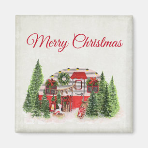 Aimant Merry Christmas Trailer Camper Rustic Scene