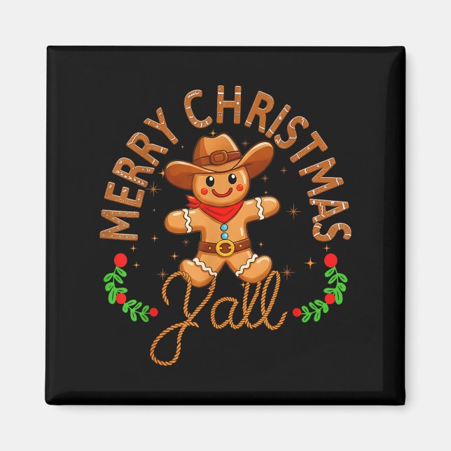 Aimant Merry Christmas Yall Gingerbread Cowboy Howdy West (Devant)