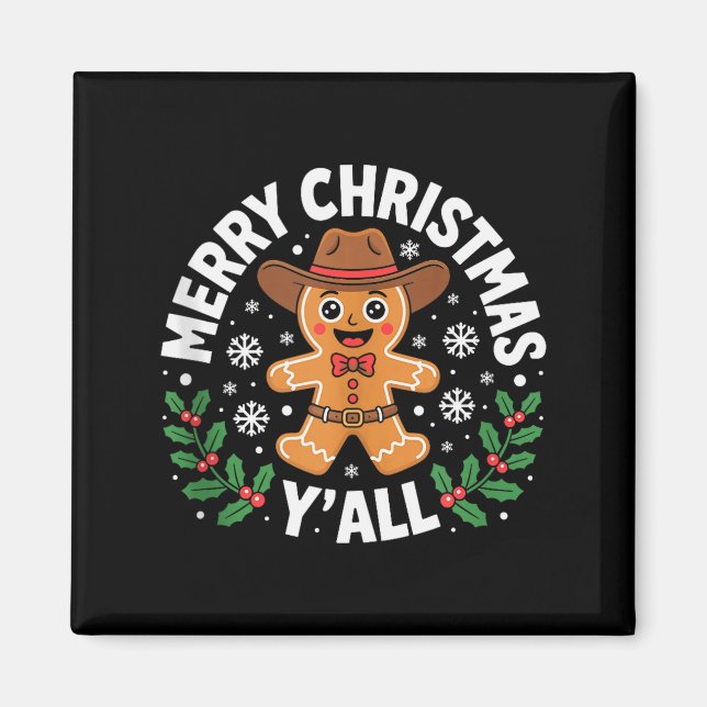 Aimant Merry Christmas Yall Gingerbread Cowboy Howdy West (Devant)