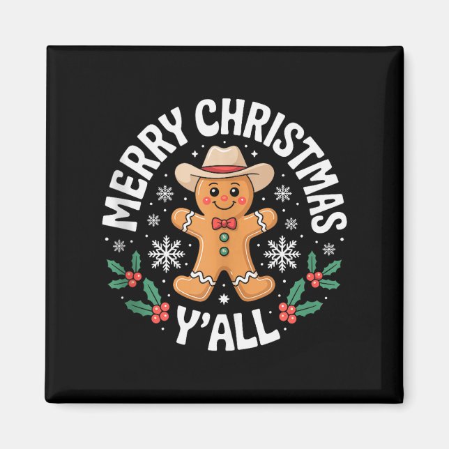 Aimant Merry Christmas Yall Gingerbread Cowboy Howdy West (Devant)