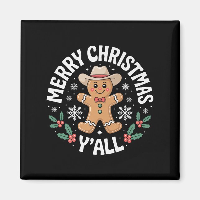 Aimant Merry Christmas Yall Gingerbread Cowboy Howdy West (Devant)