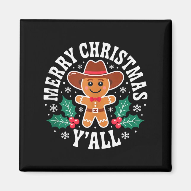 Aimant Merry Christmas Yall Gingerbread Cowboy Howdy West (Devant)