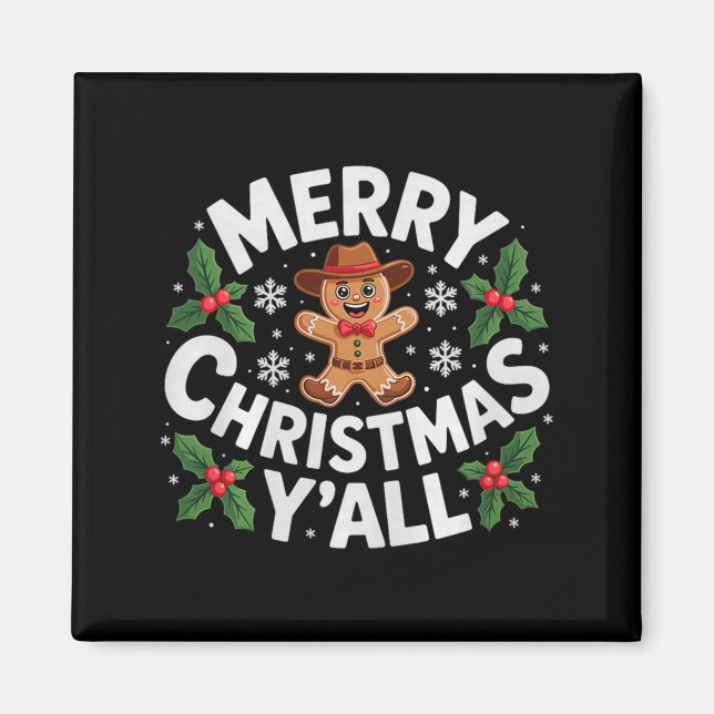 Aimant Merry Christmas Yall Gingerbread Cowboy Howdy West (Devant)