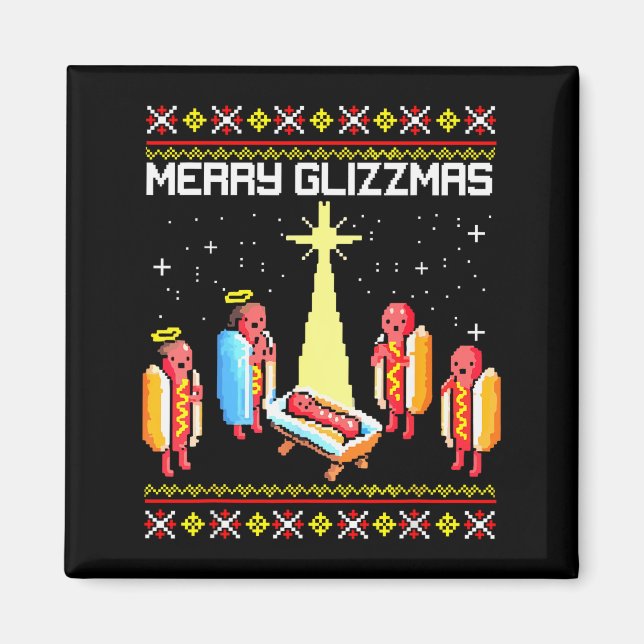 Aimant Merry Glizzmas Tacky Funny Merry Christmas Hotdogs (Devant)