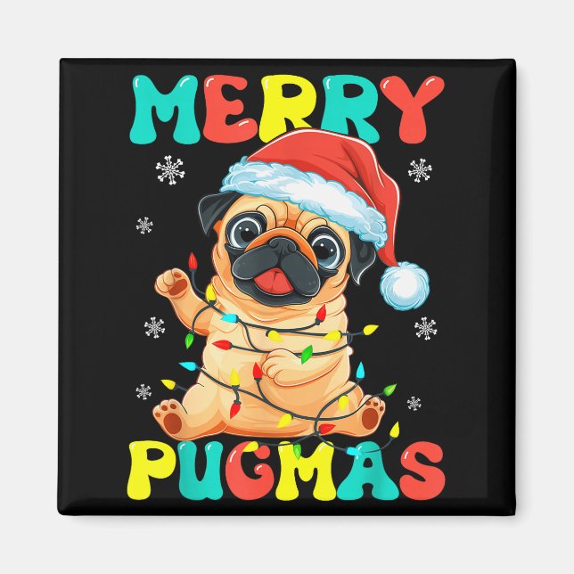 Aimant Merry Pugmas Pug Christmas Santa Pug Xmas Lights D (Devant)
