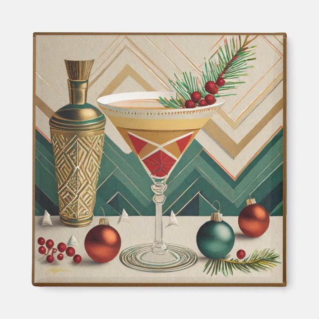 Aimant Mi-Siècle Cocktail de Noël Fête Happy Hour (Devant)
