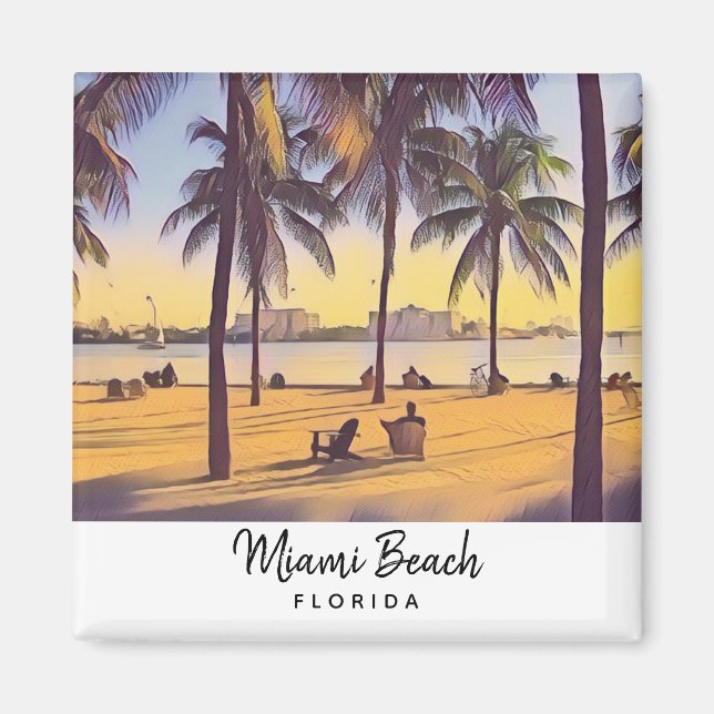 Aimant Miami Beach Floride Aquarelle Vintage Art (Devant)