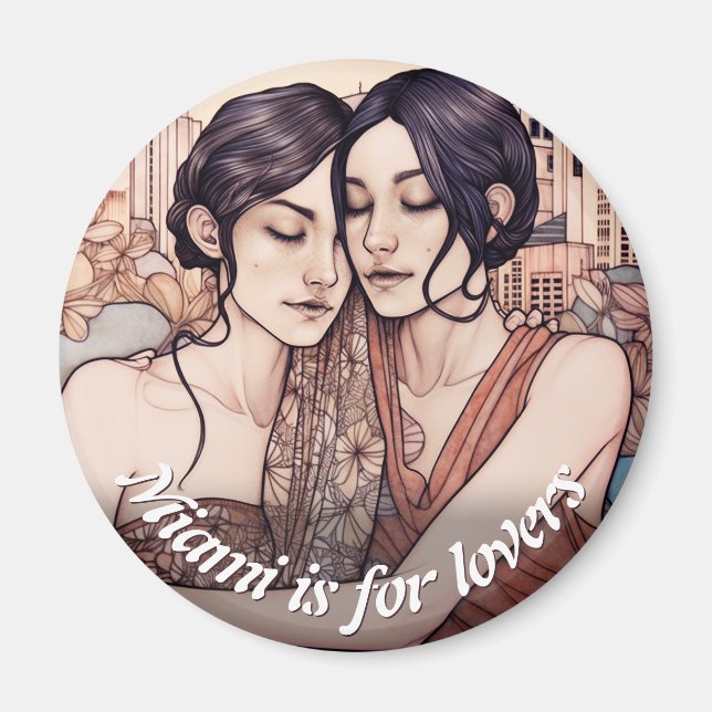 Aimant Miami Downtown Women Cuddling Lesbians Drawing (Devant)