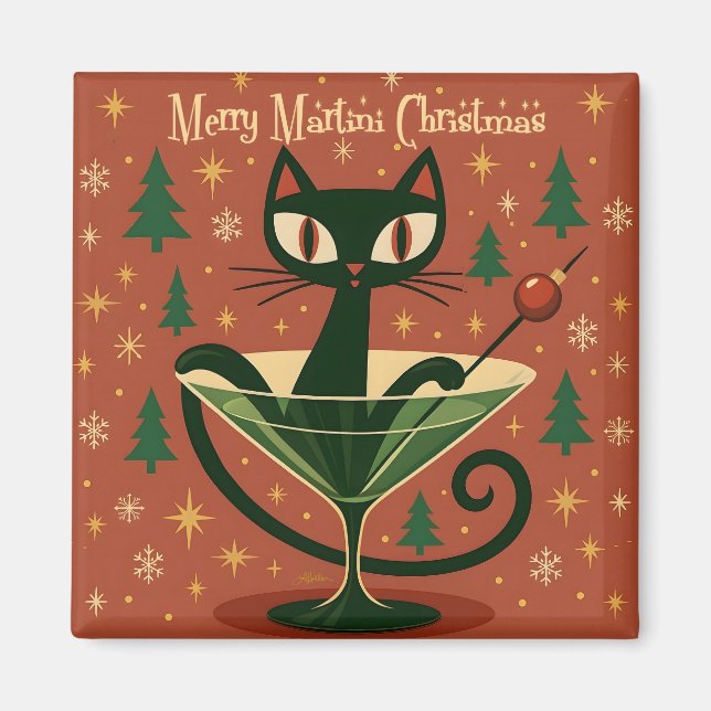 Aimant Mid Century Black Cat Merry Martini Christmas (Devant)