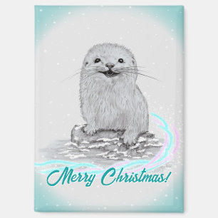 Aimant Mignon bébé loutre de mer blanche, Joyeux Noël