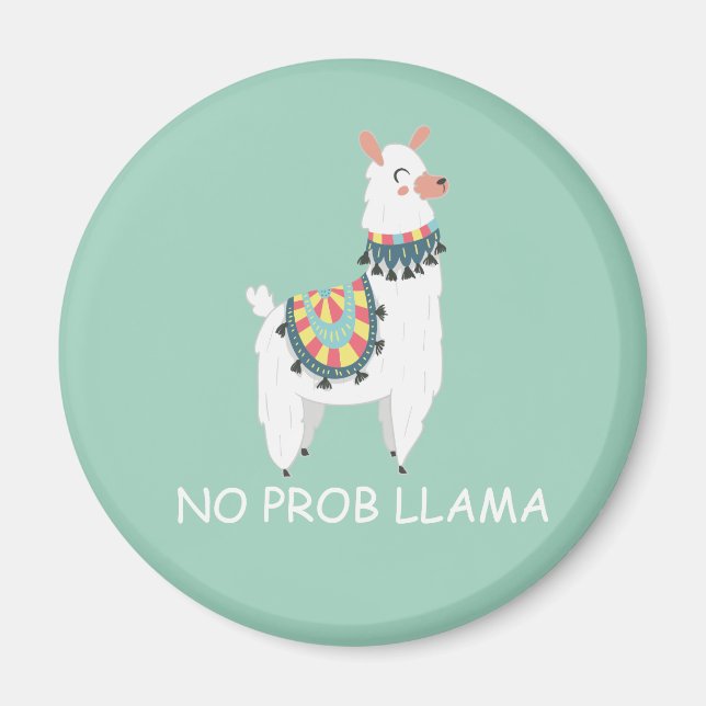 Aimant Mignon Lama Blanc Drôle Vert Menthe Pas De Problèm (Devant)
