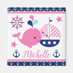 Aimant Mignon motif baleine rose et ancres nautiques