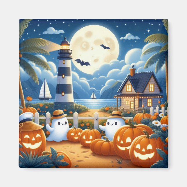 Aimant Mignon, Nautique/côtier Halloween fantôme/citrouil (Devant)