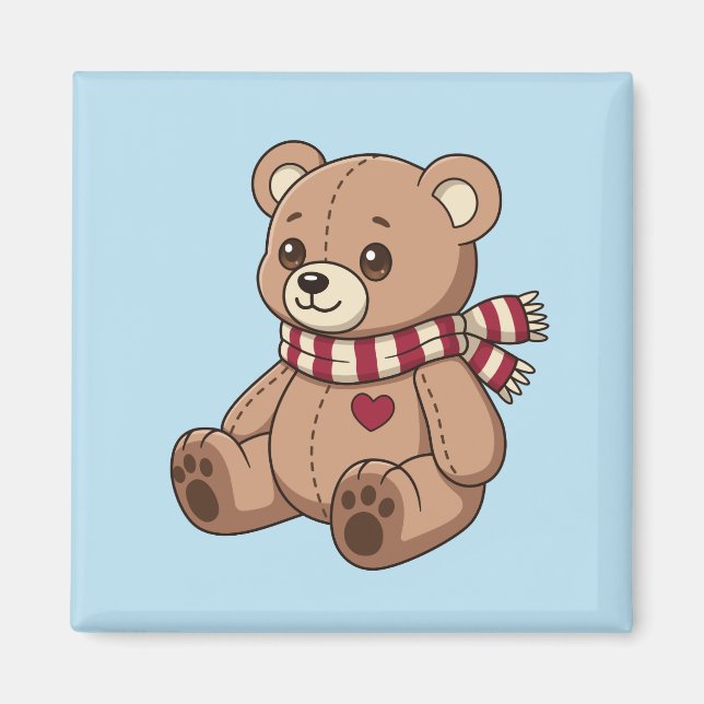 Aimant Mignon ours en peluche avec écharpe rayée bleue (Devant)