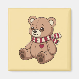 Aimant Mignon ours en peluche avec écharpe rayée jaune