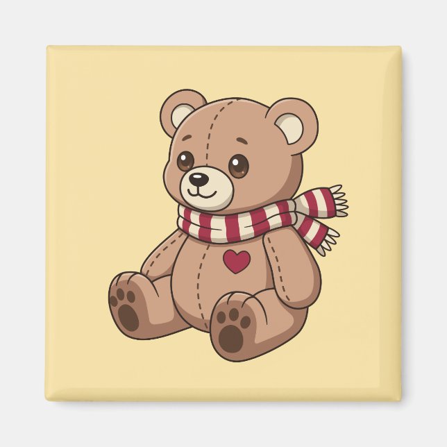 Aimant Mignon ours en peluche avec écharpe rayée jaune (Devant)