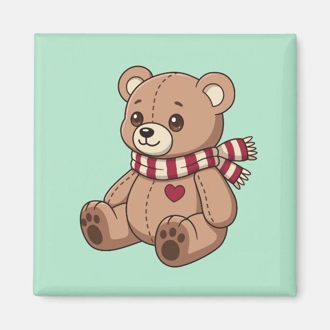 Aimant Mignon ours en peluche avec écharpe rayée verte (Devant)