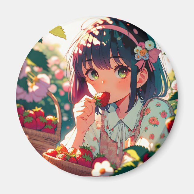 Aimant Mignonne Anime Girl Mange des fraises | Jour d'été (Devant)