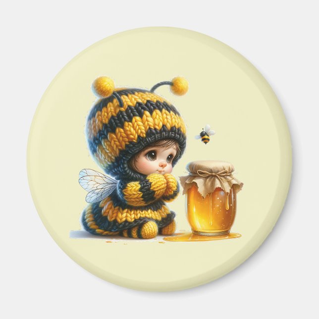 Aimant Mignonne fille en costume d'abeille avec miel (Devant)