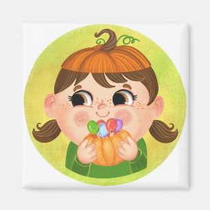 Aimant Mignonne fille en costume d'Halloween Citrouille