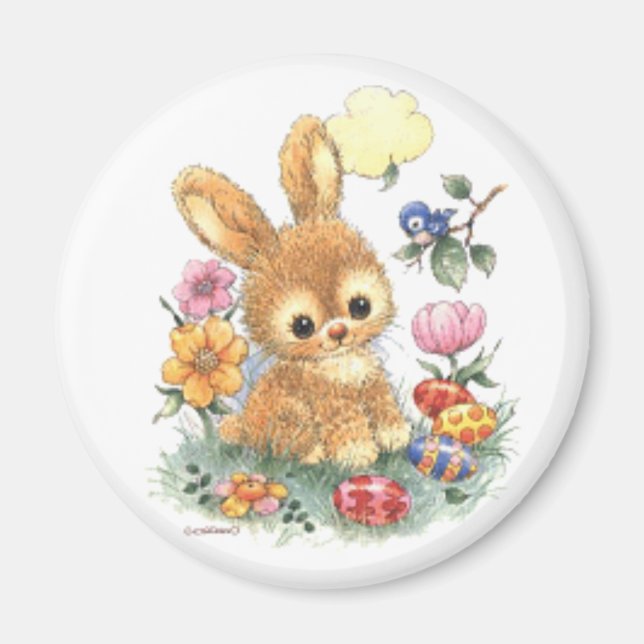 Aimant Mignonne lapin de Pâques avec fleurs et oeufs (Devant)