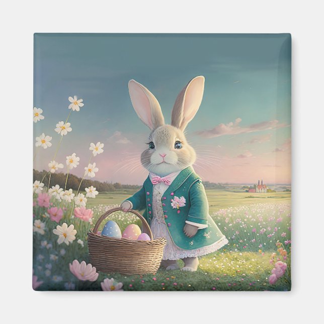 Aimant Mignonne lapin de Pâques en petite veste bleue (Devant)