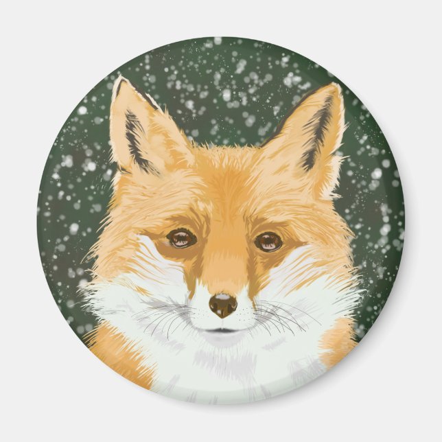Aimant Mignonne Petit Renard Rouge - dans la neige. (Devant)
