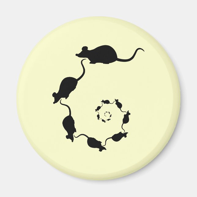 Aimant Mignonne spirale de souris. Black Mice sur Crème. (Devant)
