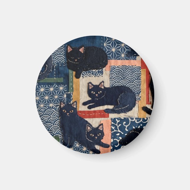 Aimant Mignons chats noirs japonais patchwork  (Devant)