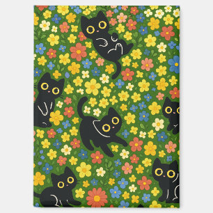 Aimant Mignons Chats Noirs Motif Floral de Prairie