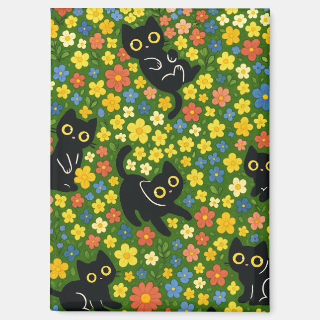 Aimant Mignons Chats Noirs Motif Floral de Prairie (Recto)