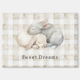 Aimant Mignons lapins endormis carreaux gris crème